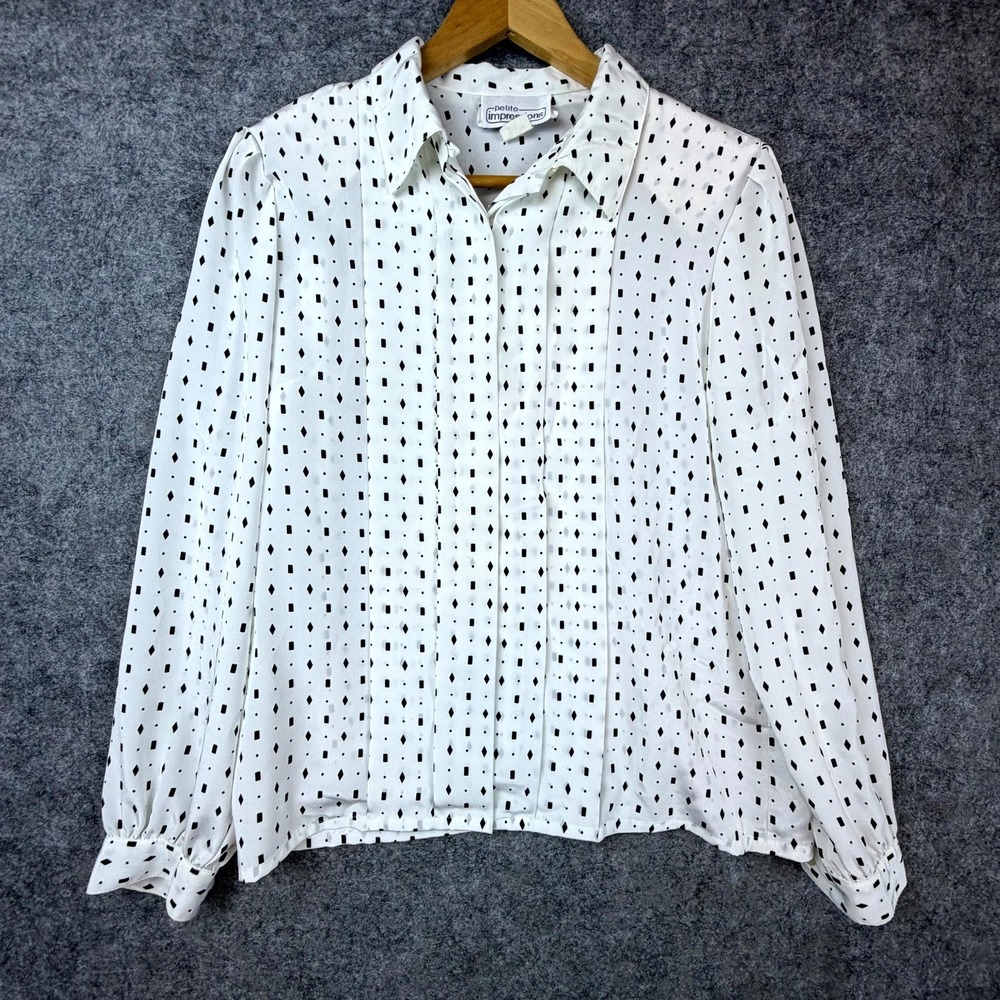 Vintage Impressions Secretary Blouse Women 12 Petite White Black Office Chic 90s